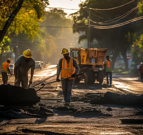 Trabajadores de la carretera con chalecos de seguridad y cascos reparan el asfalto en una calle soleada, con vehículos de construcción y árboles al fondo.