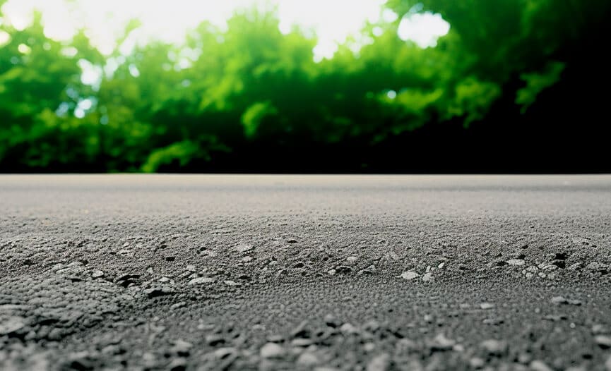 Primer plano de una carretera de asfalto texturizado con árboles verdes y frondosos en el fondo borroso bajo un cielo brillante.